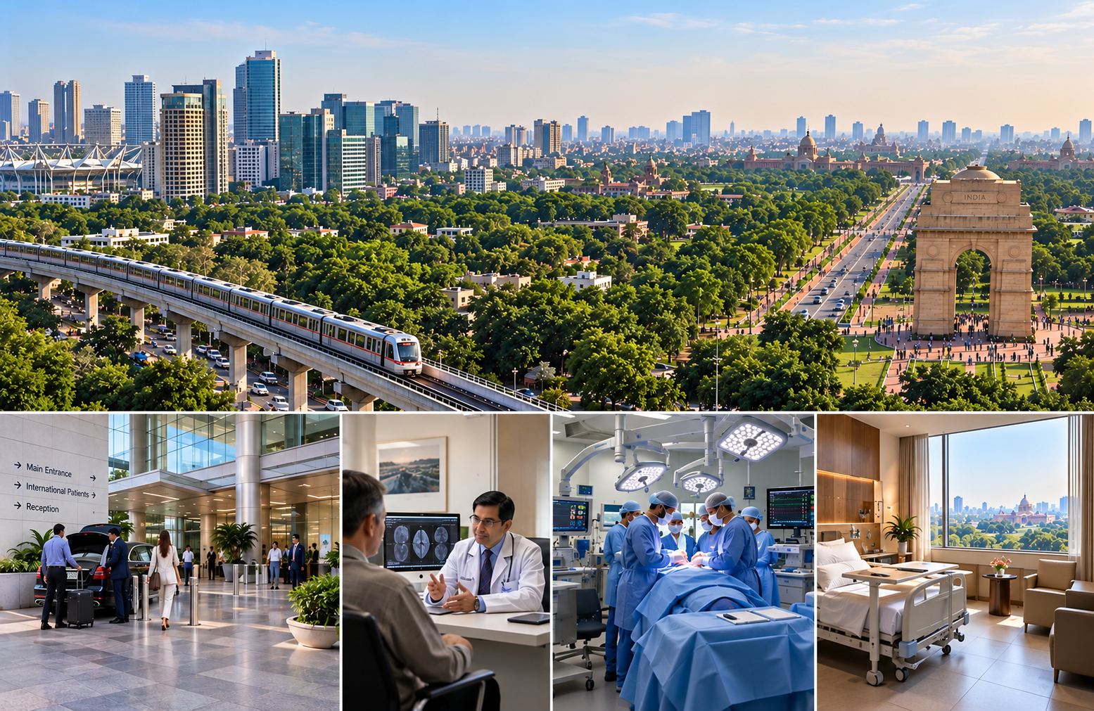 New Delhi skyline and care destination